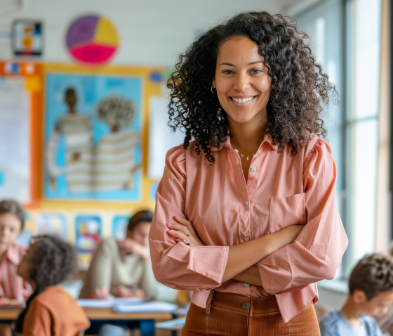 Professora sorridente em sala de aula com alunos ao fundo, simbolizando educação, aprendizado e um ambiente escolar acolhedor